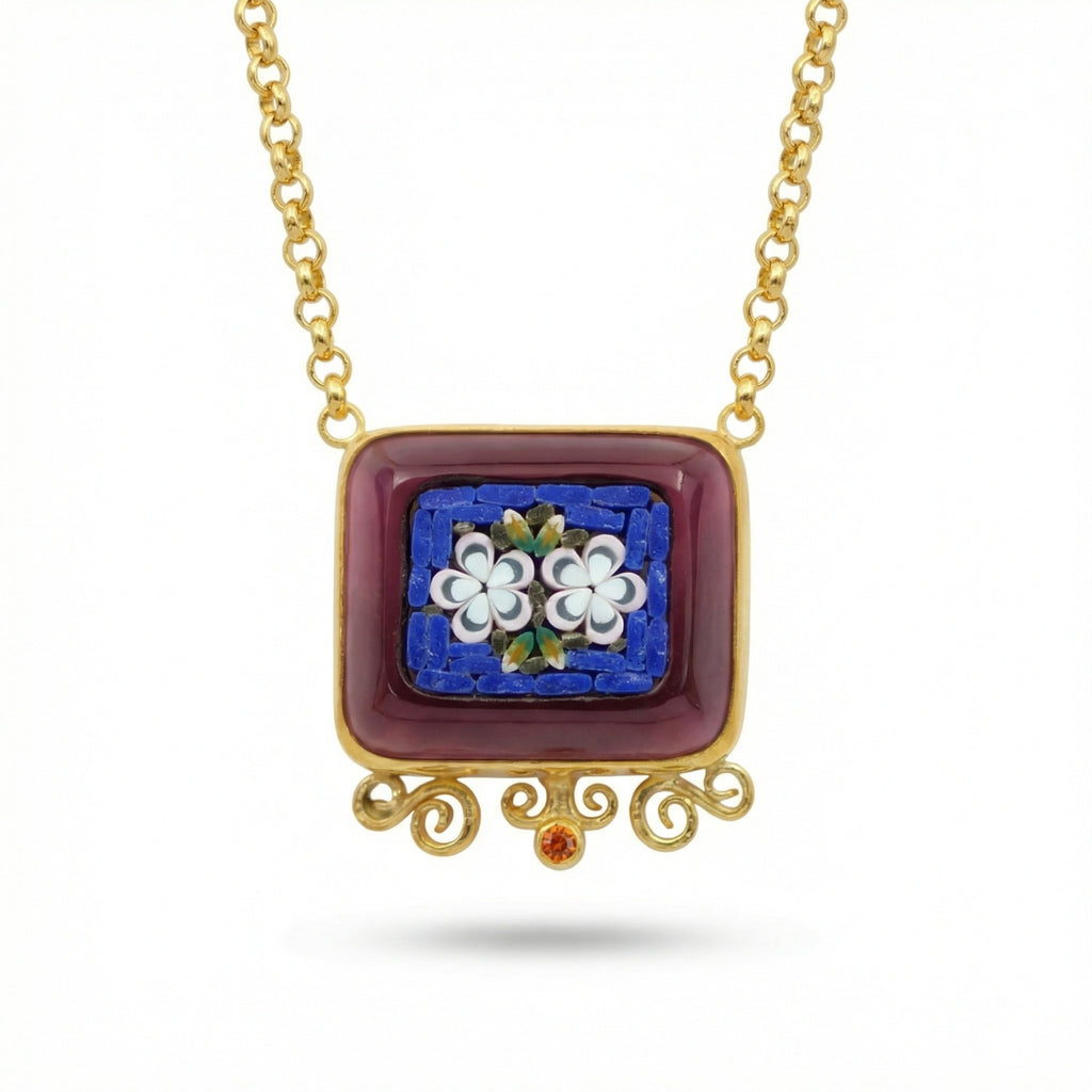 Handmade micro mosaic flower necklace in 925 sterling silver, Venetian-inspired Turkish jewelry by designer Sultan in Bodrum