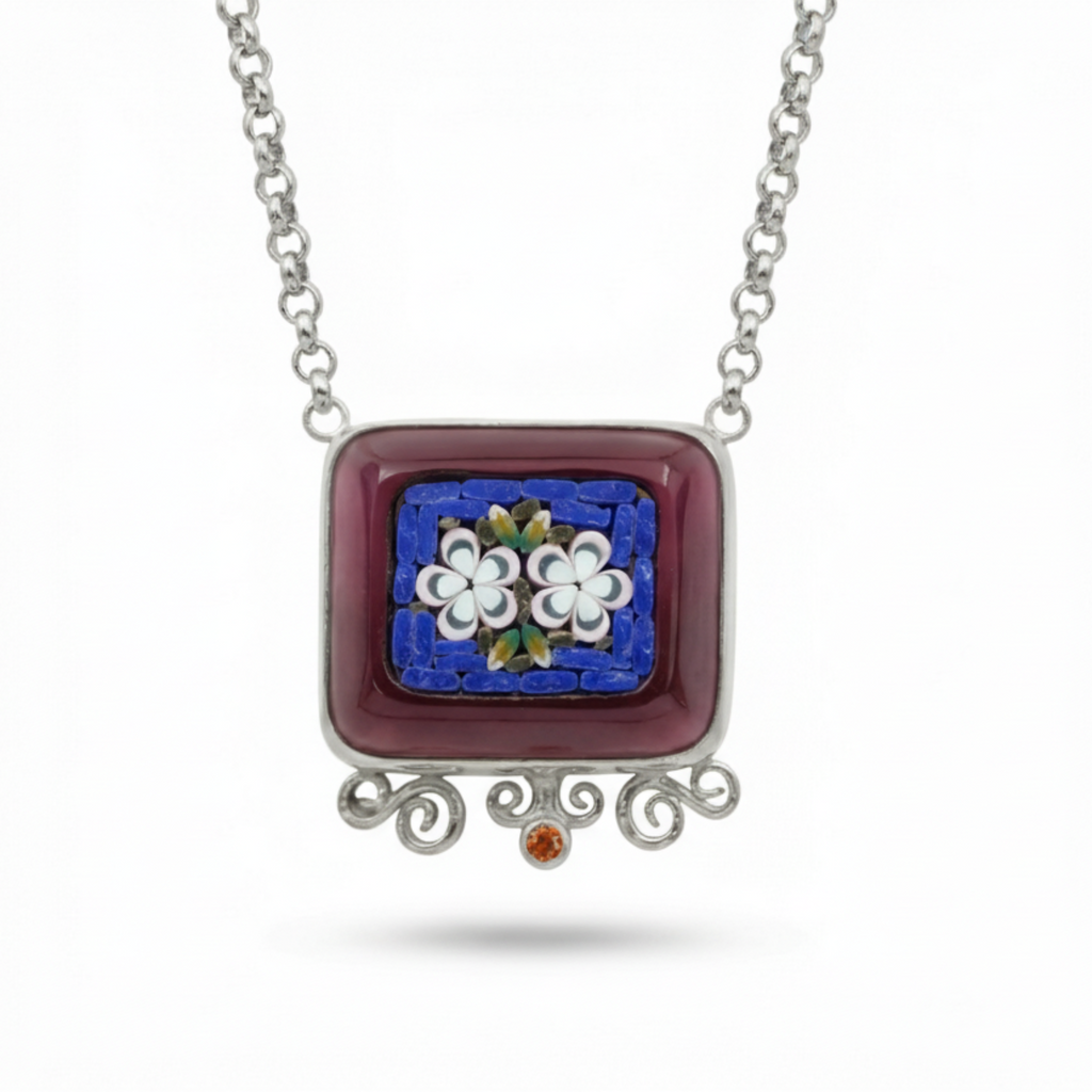 US Duties Incl: Handmade Gold Micro Mosaic Flower Necklace, 925 Silver, Symbol of Beauty, Turkish Jewelry By Sultan