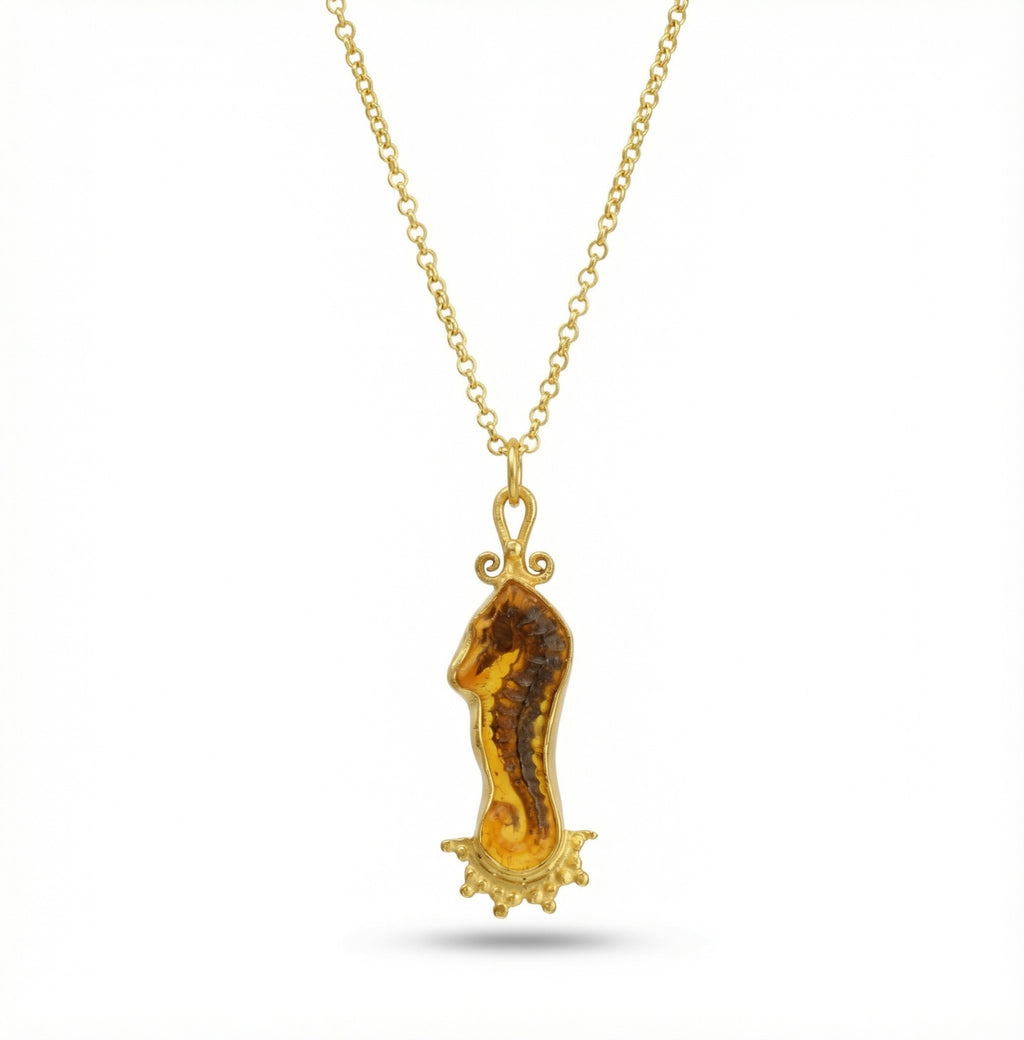 Handcrafted gold sea horse intaglio necklace in 925 sterling silver by designer Sultan, Bodrum atelier, ancient Roman inspired Turkish jewelry