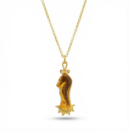 Handcrafted gold sea horse intaglio necklace in 925 sterling silver by designer Sultan, Bodrum atelier, ancient Roman inspired Turkish jewelry