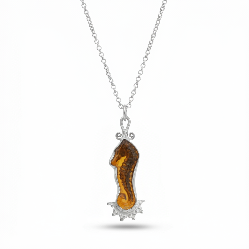 sea horse intaglio necklace on white background, 925 sterling silver with detailed Roman motif, handcrafted Turkish jewelry gift