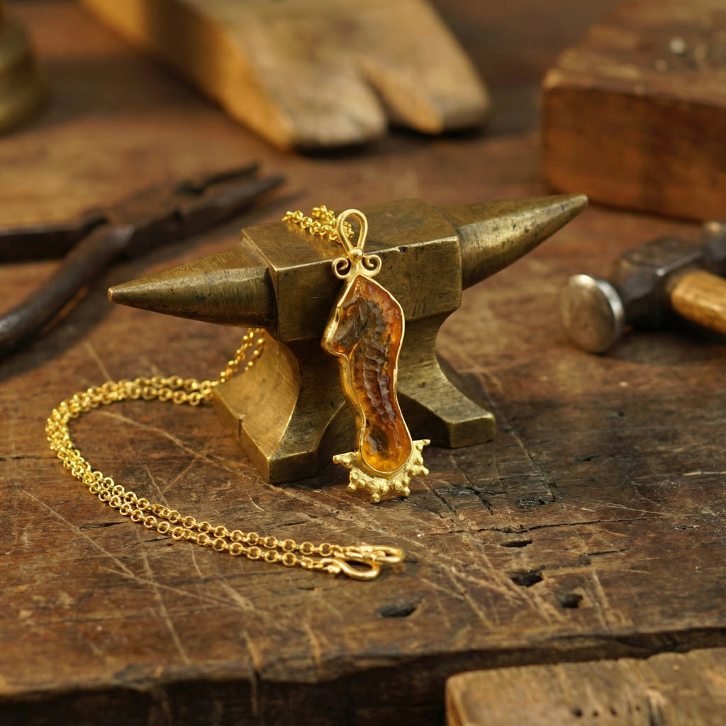 Artisan sea horse intaglio necklace with gold plating and gemstone detail, 925 sterling silver, handcrafted Turkish jewelry by Sultan