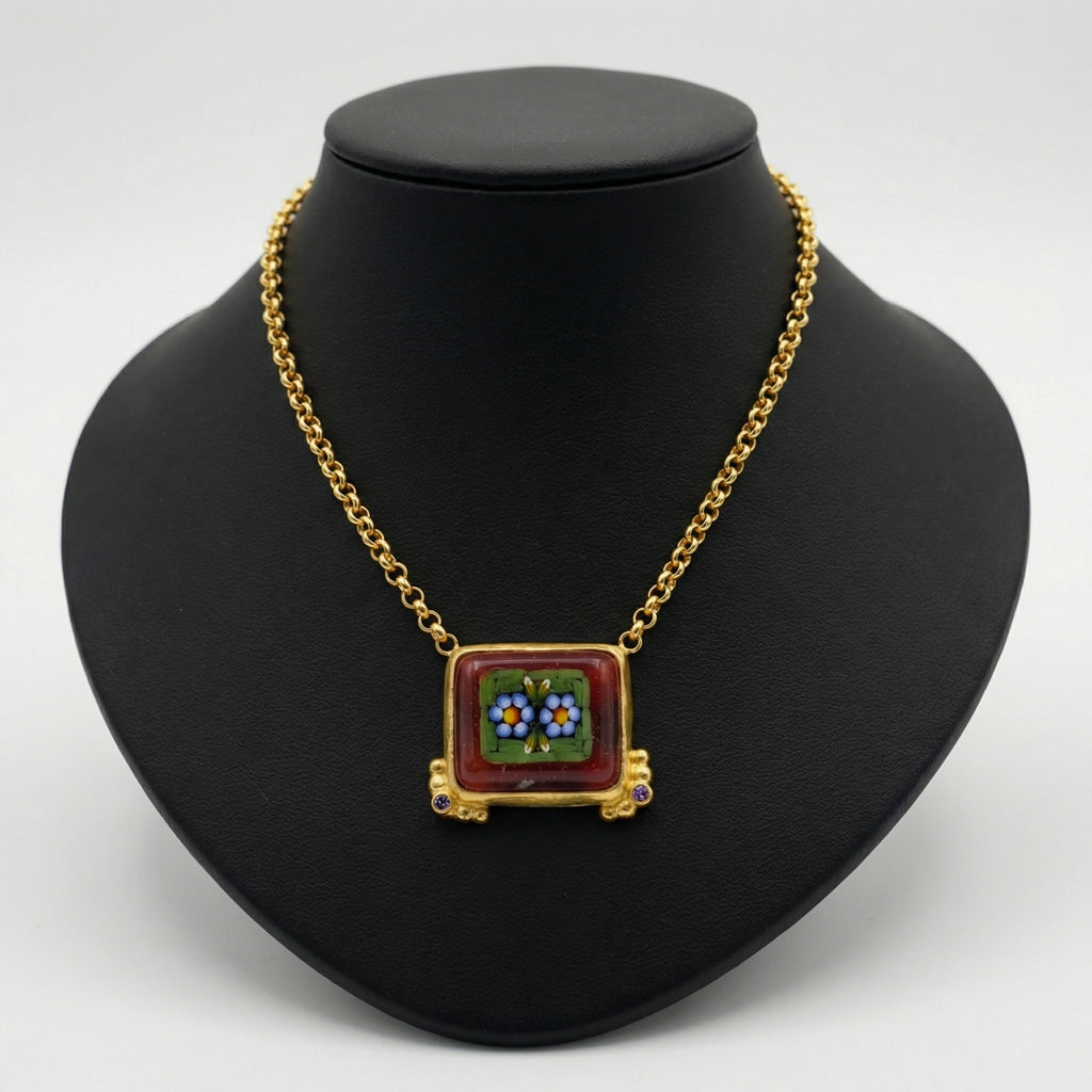  Micro Mosaic Necklace Turkish Jewelry
Alt Text: sultan micro mosaic floral necklace, 925 silver Turkish jewelry by AtelierSultan Bodrum, ancient Venetian technique