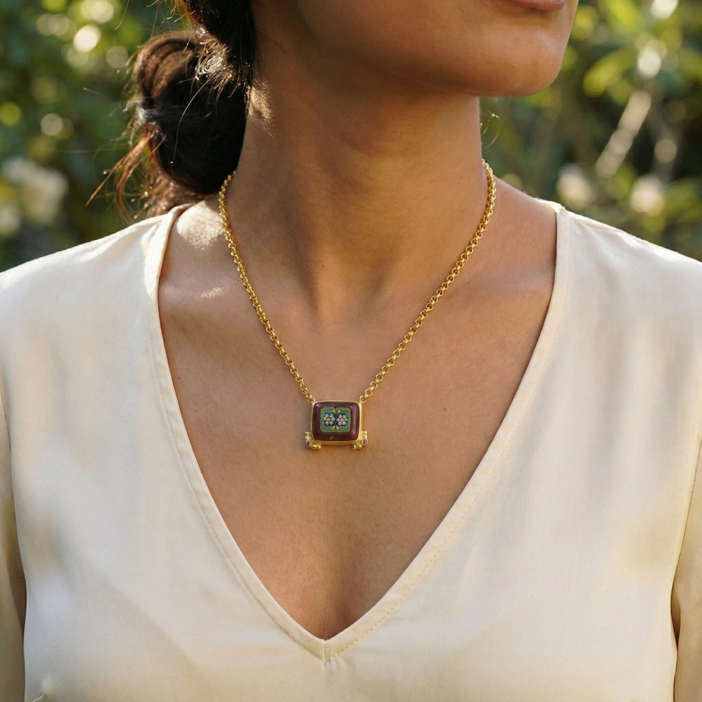  Micro Mosaic Necklace Turkish Jewelry
Alt Text: Designer micro mosaic flower necklace, 925 silver Turkish jewelry by AtelierSultan Bodrum, ancient Venetian technique