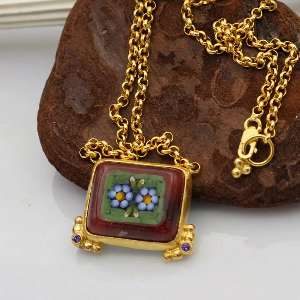 Sultan Elegant micro mosaic flower necklace, perfect gift for her, handcrafted in Bodrum atelier Turkey