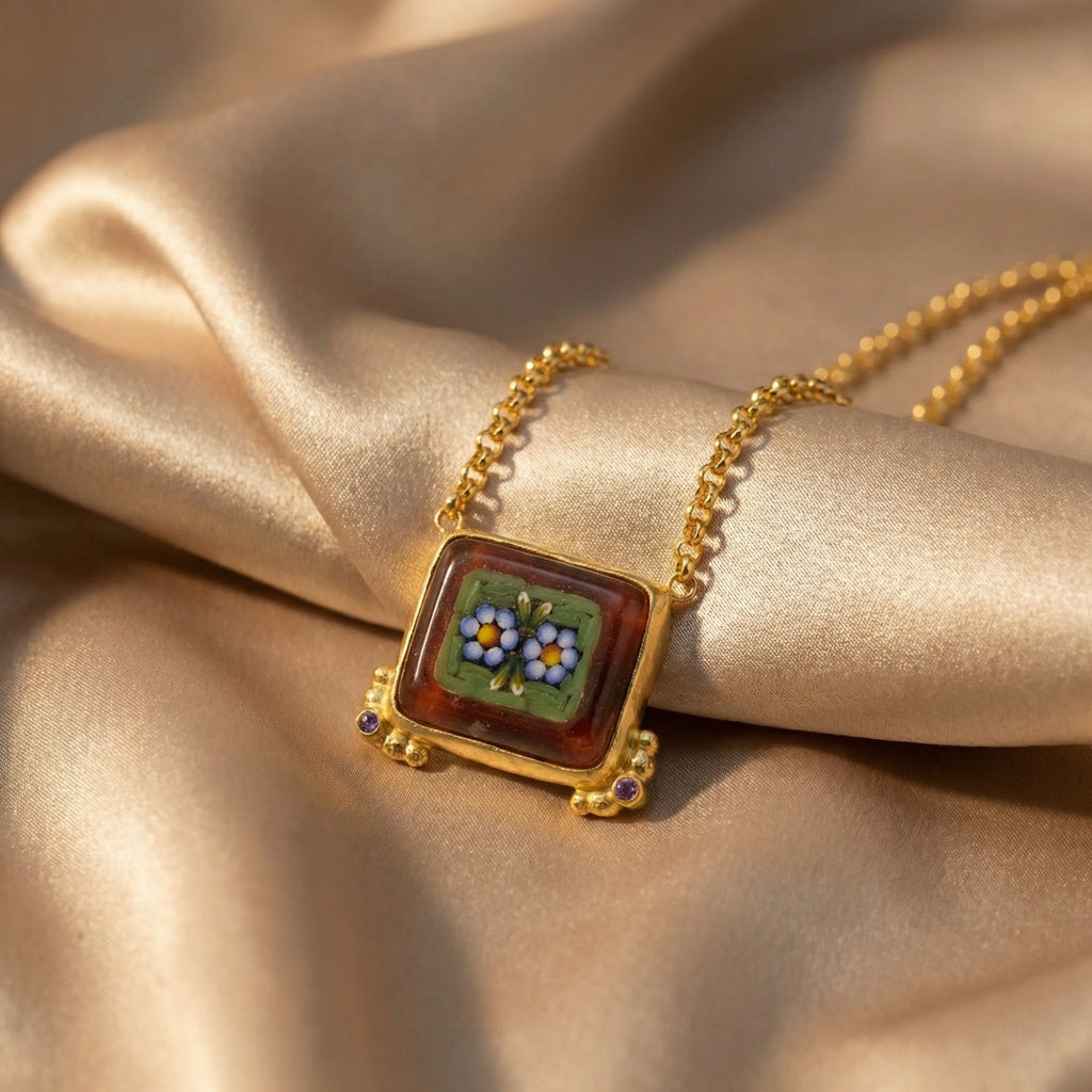 Close-up of micro mosaic flower necklace showing intricate artisan craftsmanship and colorful mosaic detail, Turkish jewelry