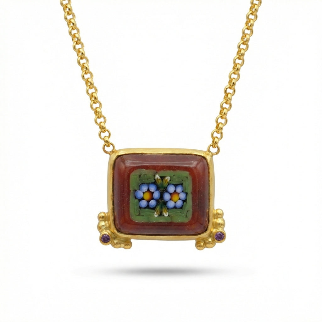 Handmade micro mosaic flower necklace in 925 sterling silver, Venetian-inspired Turkish jewelry by designer Sultan in Bodrum