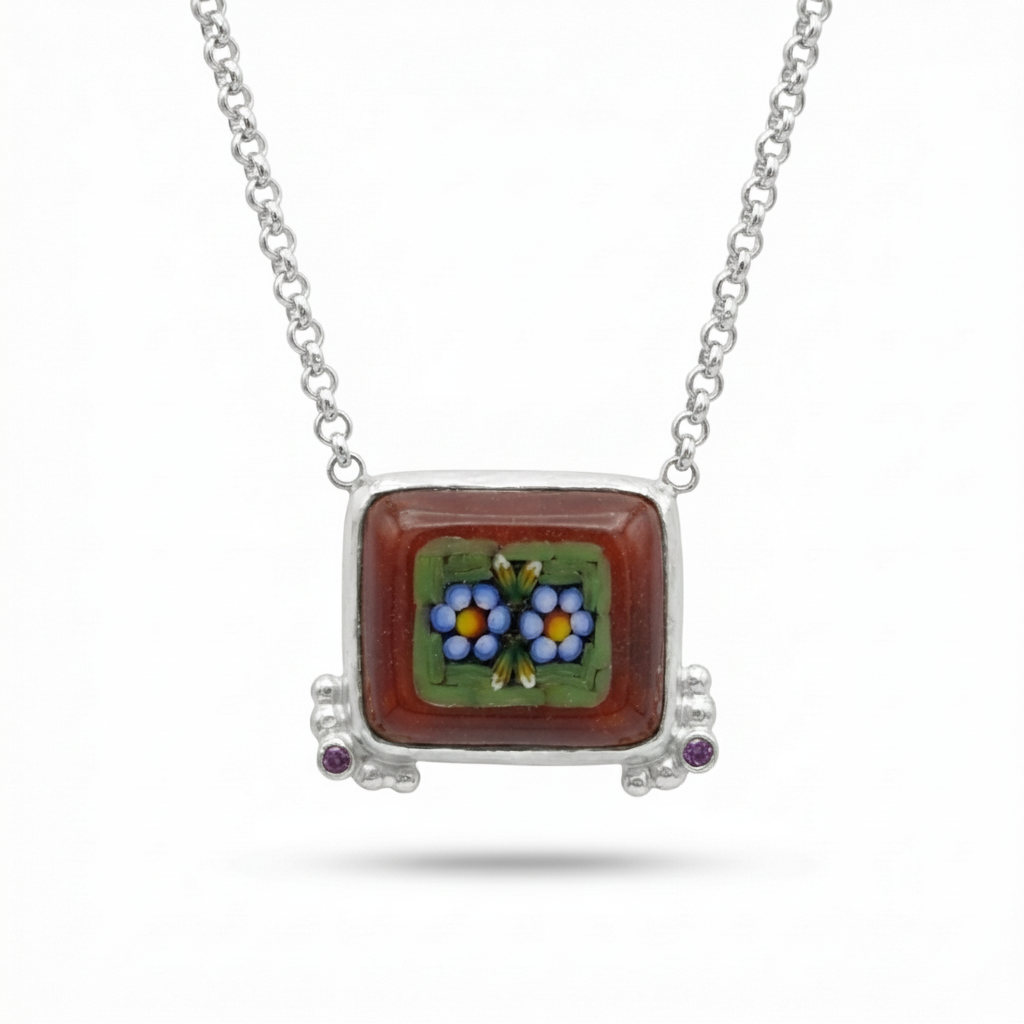 Handmade micro mosaic flower necklace in 925 sterling silver, Venetian-inspired Turkish jewelry by designer Sultan in Bodrum