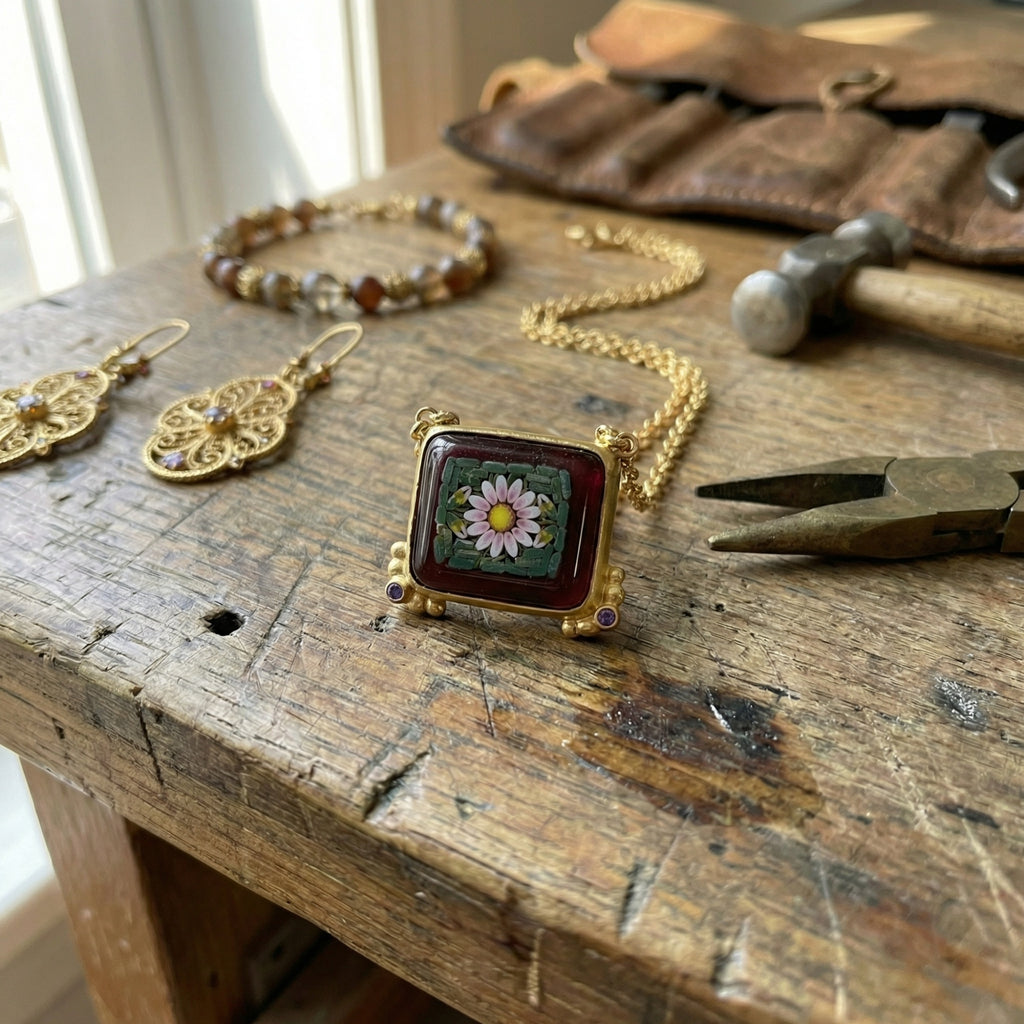 Micro mosaic flower pendant detail with vibrant colors and ancient Venetian glasswork technique, handmade in Turkey