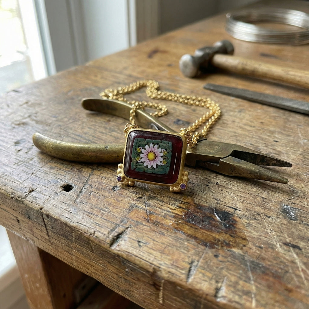 Micro mosaic flower pendant detail with vibrant colors and ancient Venetian glasswork technique, handmadeby sultan Bodrum