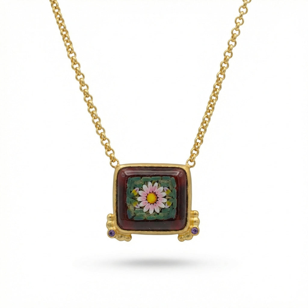 Handmade micro mosaic flower necklace in 925 sterling silver, Venetian-inspired Turkish jewelry by designer Sultan in Bodrum