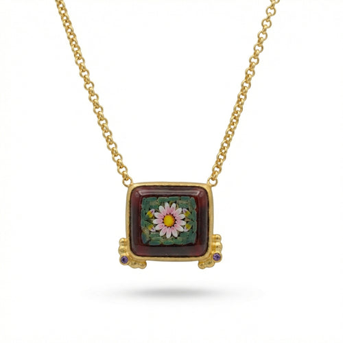 Handmade micro mosaic flower necklace in 925 sterling silver, Venetian-inspired Turkish jewelry by designer Sultan in Bodrum
