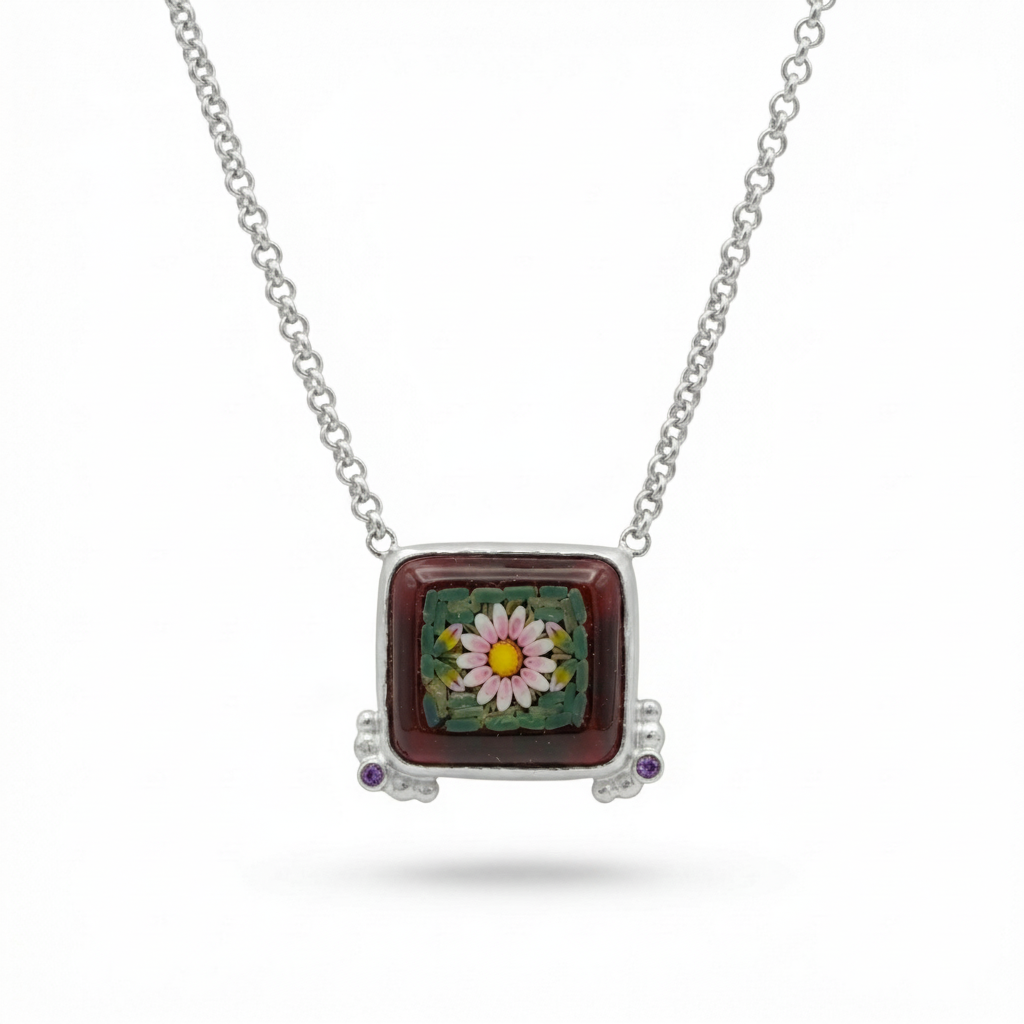  Micro Mosaic Necklace Turkish Jewelry
Alt Text: Designer micro mosaic flower necklace, 925 silver Turkish jewelry by AtelierSultan Bodrum, ancient Venetian technique