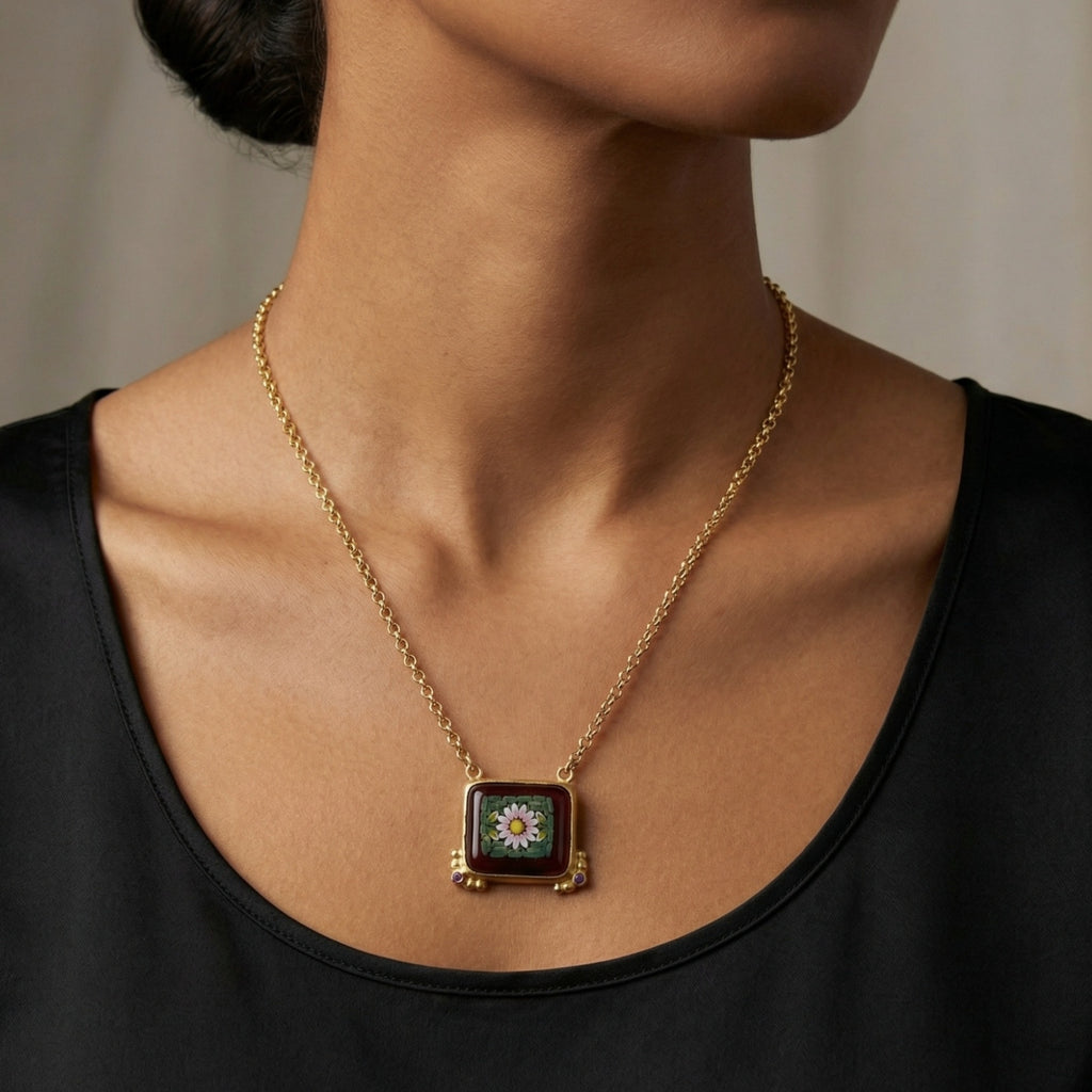  Micro Mosaic Necklace Turkish Jewelry
Alt Text: Designer micro mosaic flower necklace, 925 silver Turkish jewelry by AtelierSultan Bodrum, ancient Venetian technique