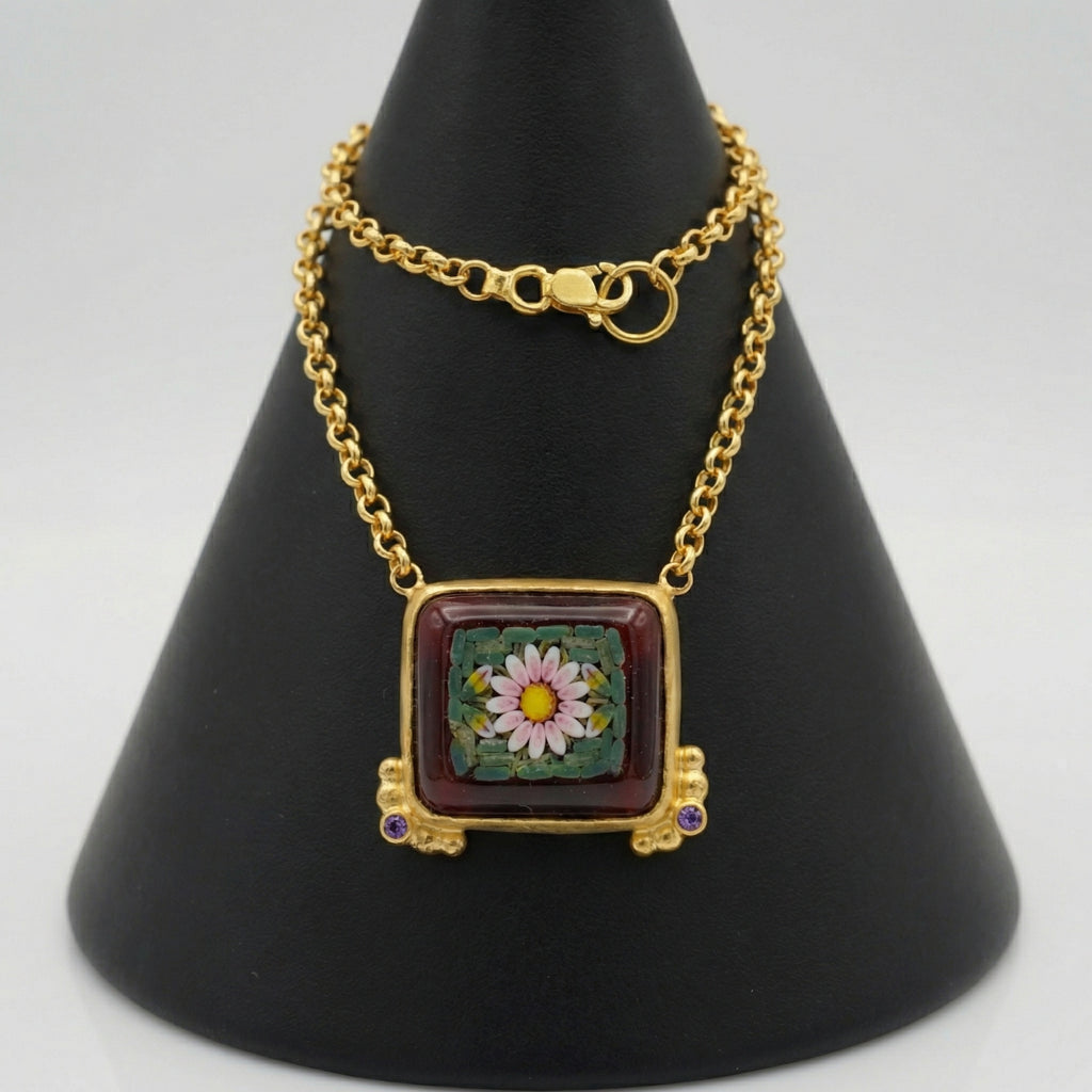 Elegant micro mosaic flower necklace, perfect gift for her, handcrafted in Bodrum atelier with traditional mosaic art