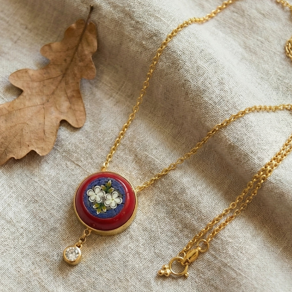  Ancient Roman-inspired micro mosaic necklace featuring colorful glass tiles, handcrafted Turkish jewelry by AtelierSultan