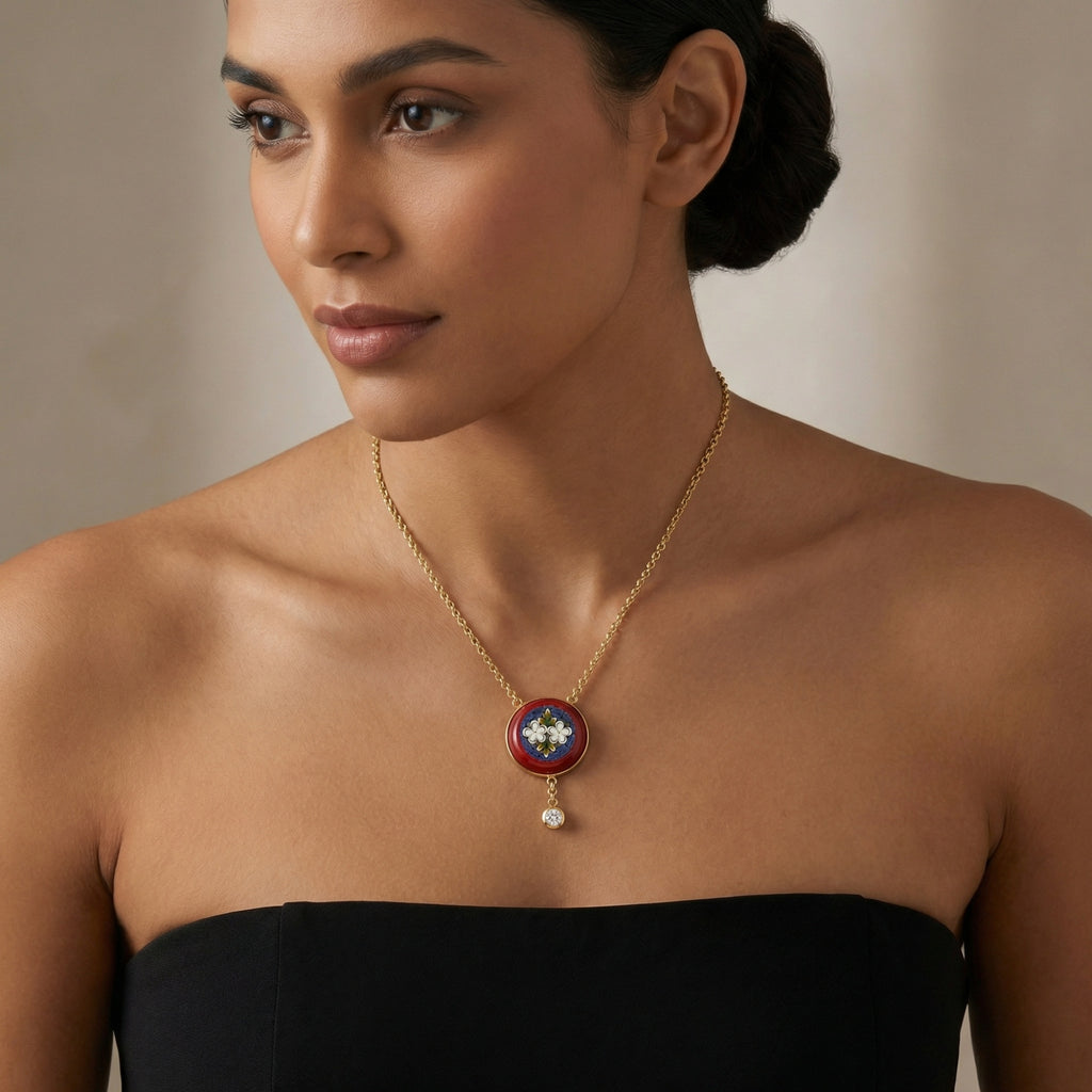 Unique micro mosaic flower necklace with intricate glasswork, meaningful gift handmade in Bodrum atelier using traditional techniques