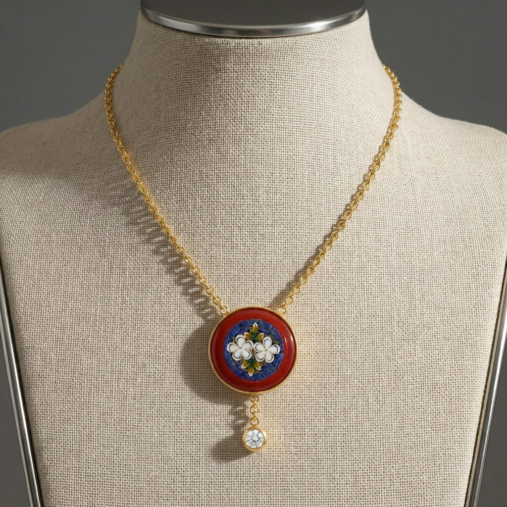 Detailed view of micro mosaic pendant showcasing vibrant multicolor glass tiles and ancient Venetian artistry from Turkey