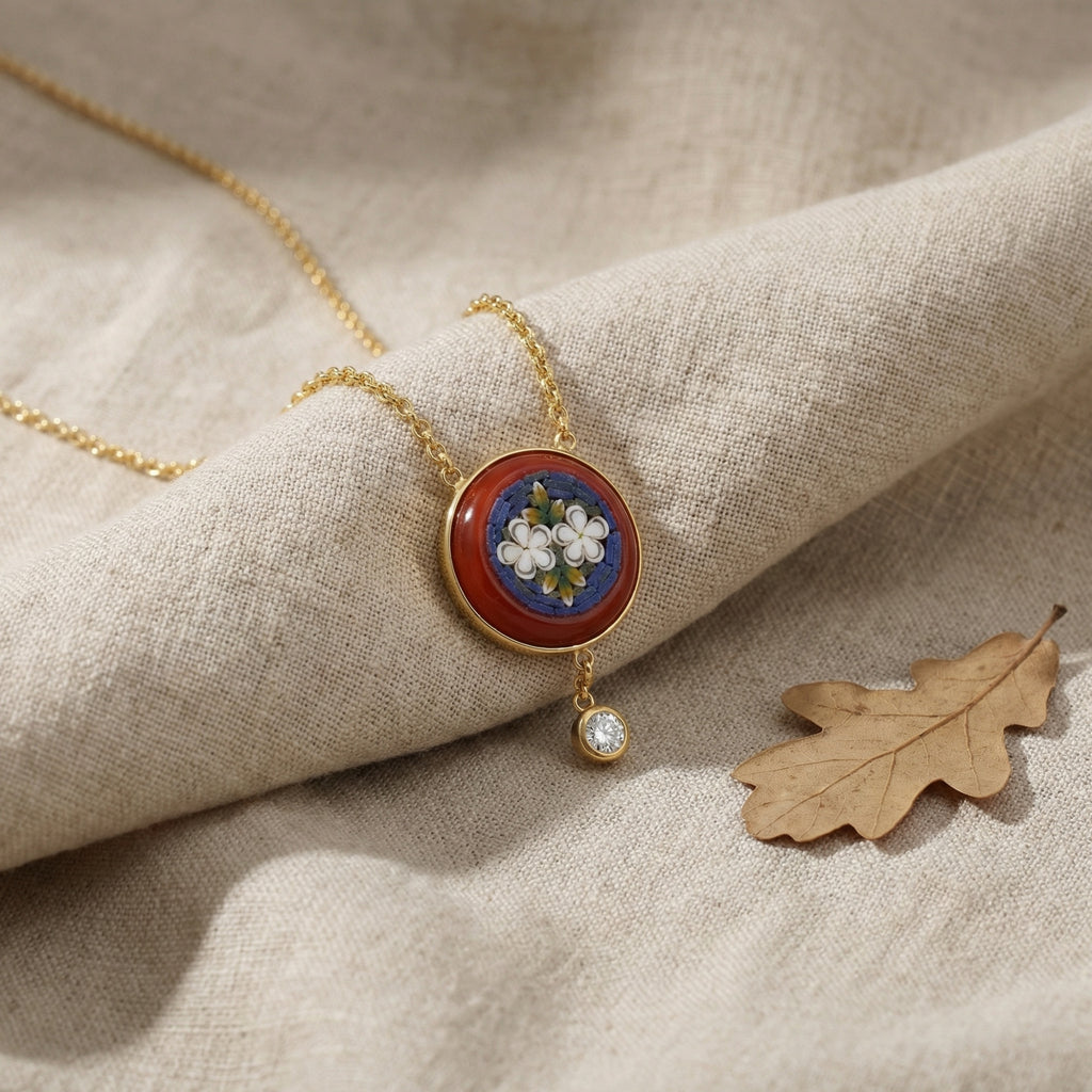 Artisan micro mosaic floral pendant with rich colors and historical craftsmanship, 925 silver necklace by designer Sultan Bodrum