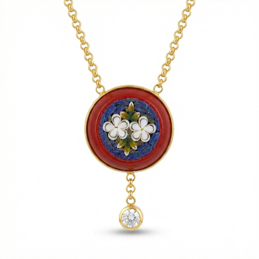 Venetian micro mosaic pendant gold necklace with floral design, 925 sterling silver crafted by artisan Sultan in Bodrum Turkey