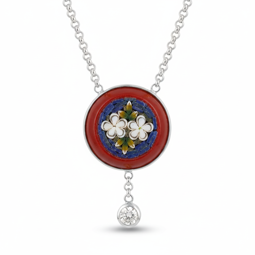 925 silver Handcrafted Venetian-style micro mosaic necklace with flower motif, authentic Turkish artisan jewelry from AtelierSultan Bodrum