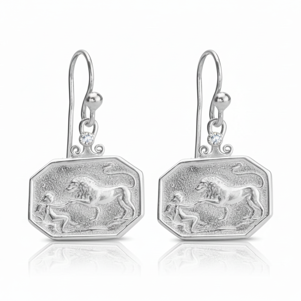 lion coin dangle earrings in 925 sterling silver with white topaz handcrafted by Turkish designer Sultan in Bodrum
