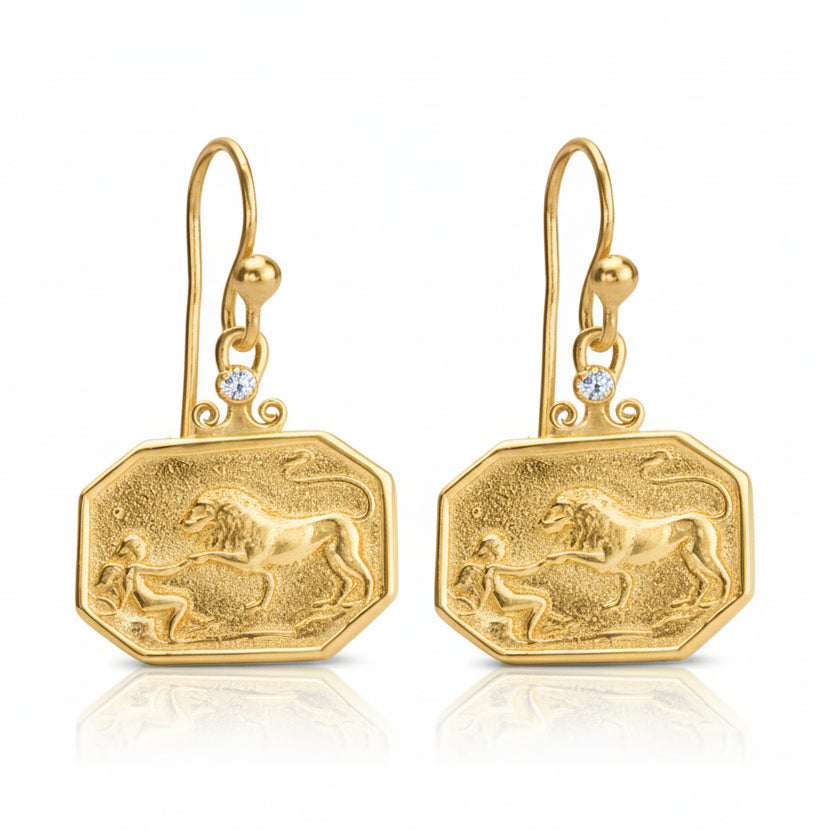  Close-up of lion coin earrings showing ancient Roman-inspired design with bronze coin and natural topaz, 925 silver Turkish jewelry
