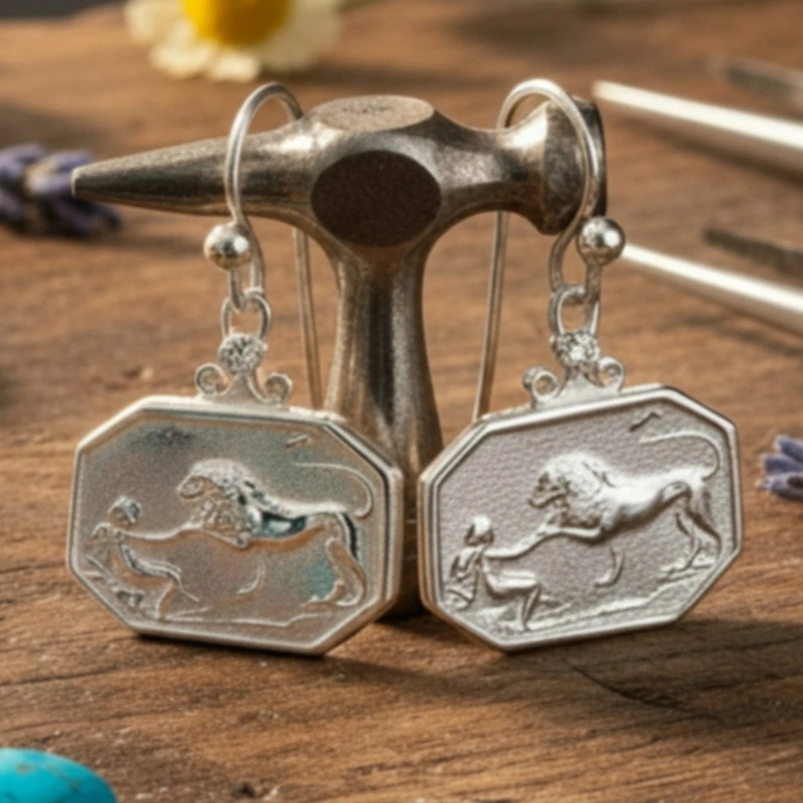 Elegant lion coin dangle earrings, perfect gift for her, handcrafted in Bodrum atelier with ancient symbolism