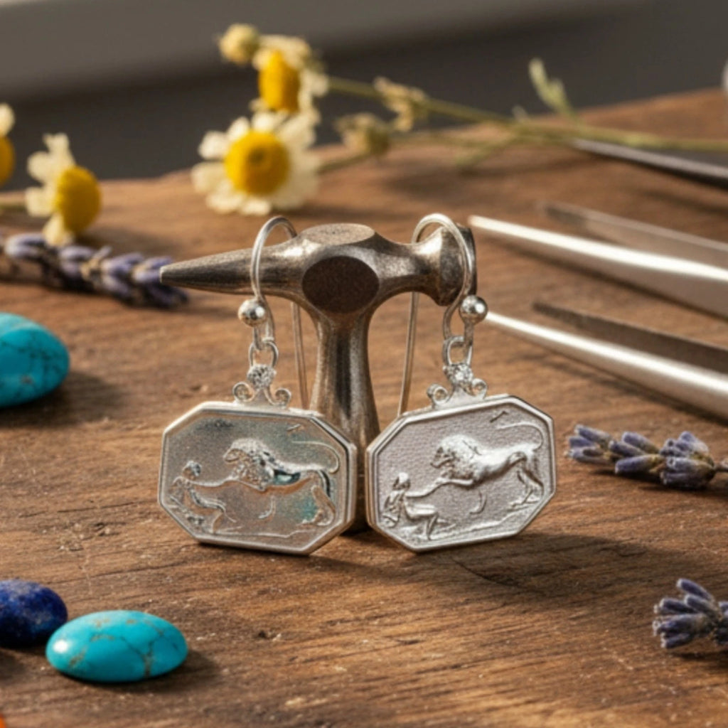  lion coin earrings showing ancient Roman-inspired design with bronze coin and natural topaz, 925 silver Turkish jewelry
