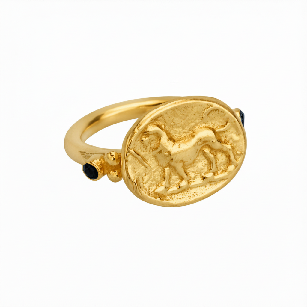 Lion coin ring on hand, artisan jewelry, Bodrum atelier