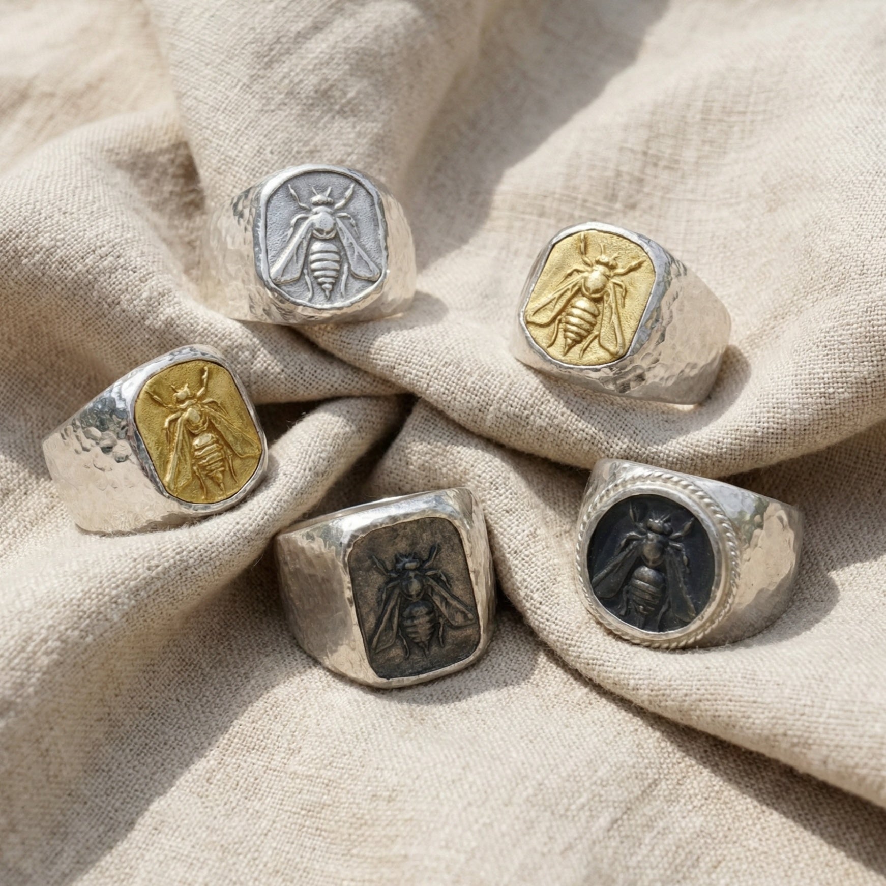 Handmade bee coin signet ring for men in 925 sterling silver, artisan jewelry by Sultan Yilmaz Bodrum featuring ancient Mediterranean design symbolizing diligence
