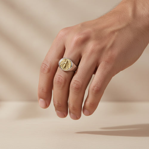 Handmade gold bee signet ring by Sultan, 925 sterling silver with ancient Roman inspired design, symbol of diligence and hard work
