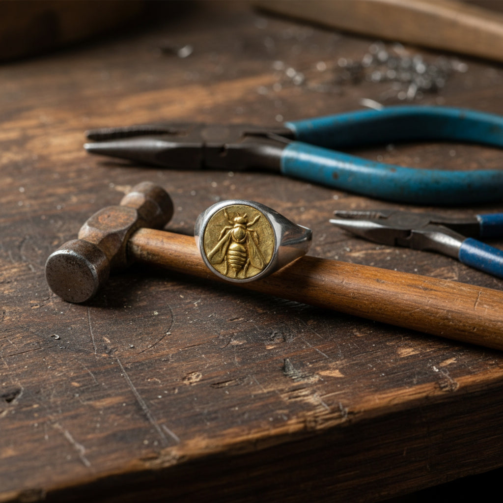 Gold bee signet ring on hand, 925 silver men's jewelry with ancient motif, perfect gift for men who love unique designer pieces
