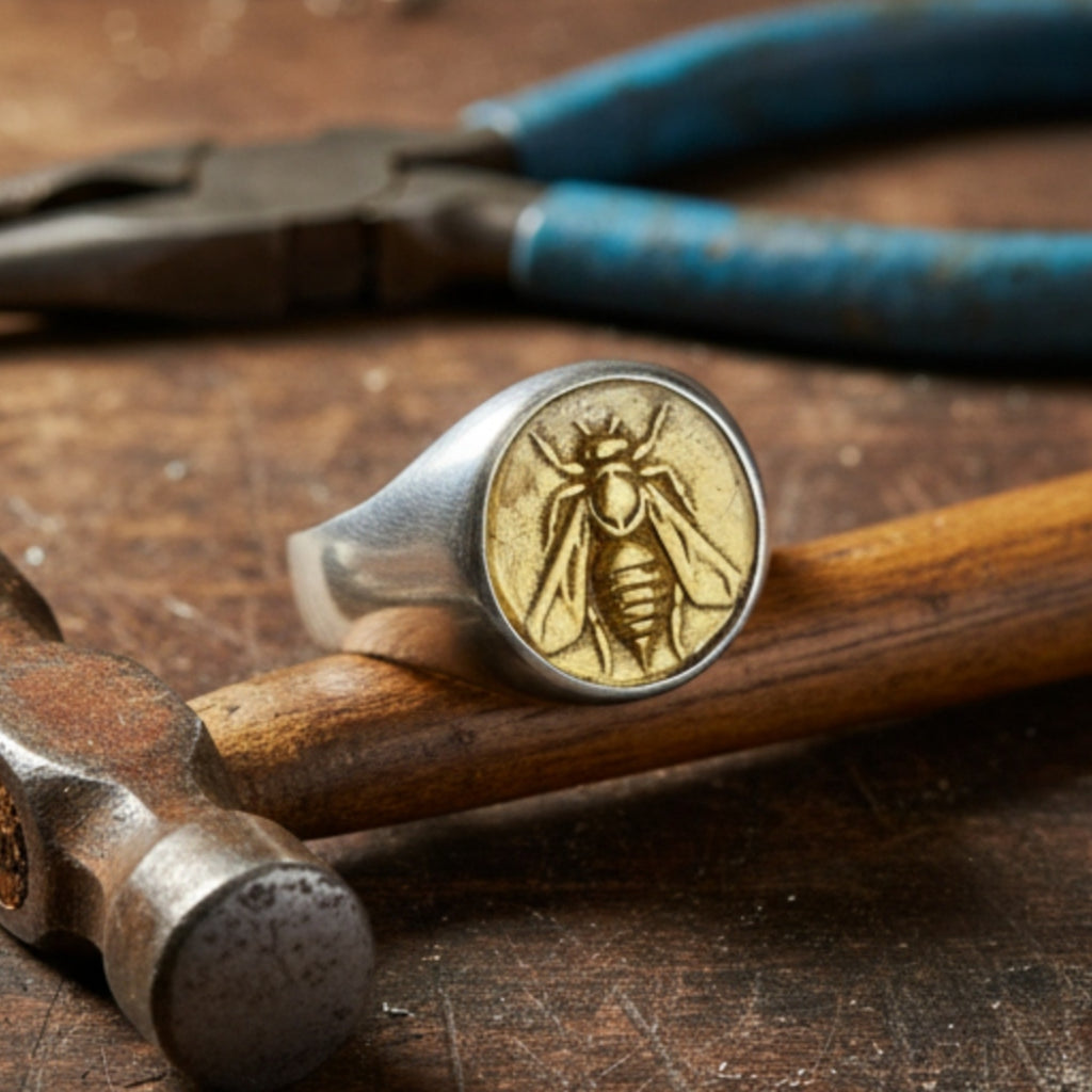 Artisan bee signet ring detail showing hammered texture and gold plating on sterling silver, handmade Turkish men's jewelry
