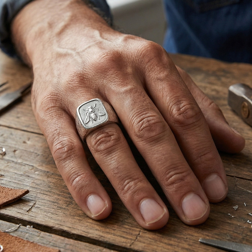 Turkish artisan silver bee coin signet ring showing detailed hammered texture, handcrafted in Bodrum atelier
