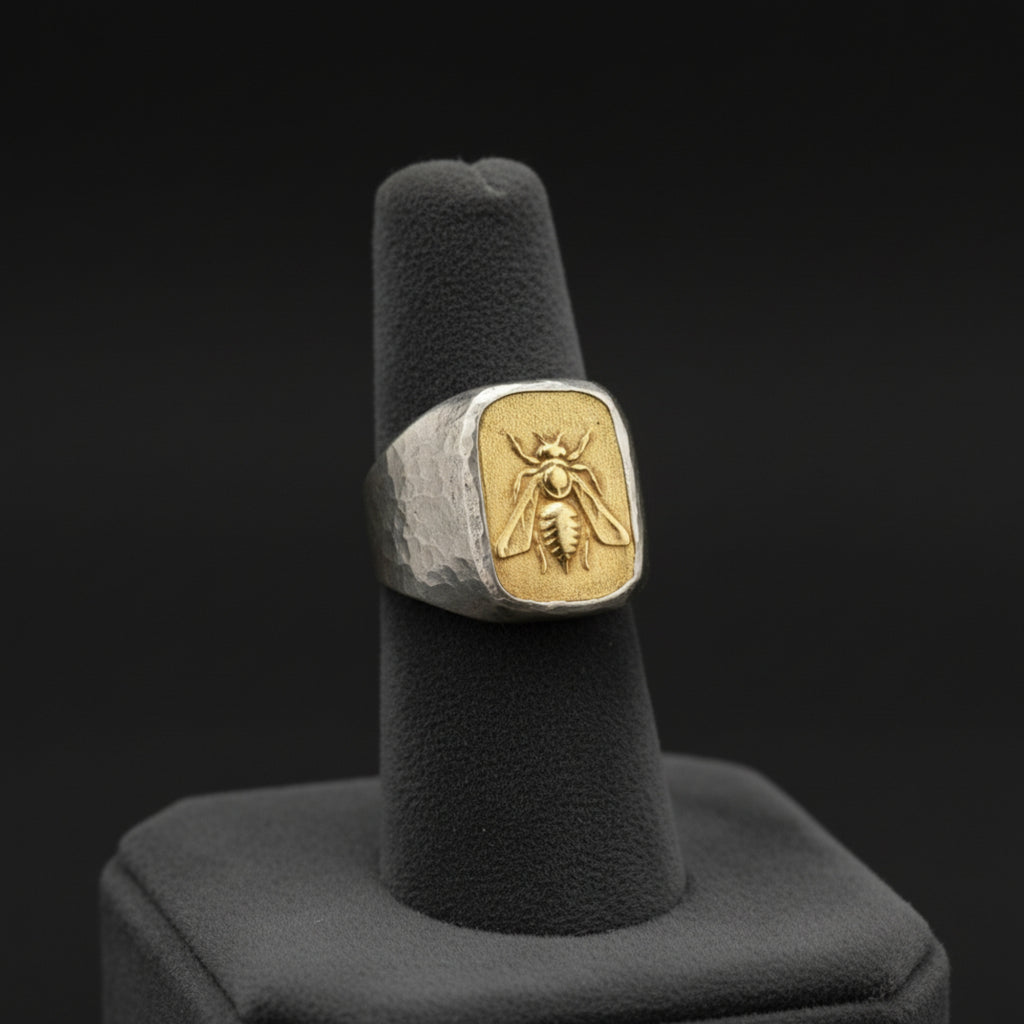 Gold bee signet ring on hand, 925 silver men's jewelry with ancient motif, perfect gift for men who love unique designer pieces
