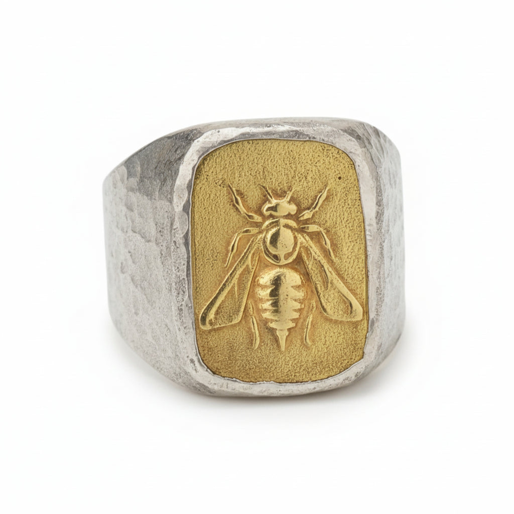 Handmade gold bee signet ring by Sultan, 925 sterling silver with 24K gold plating, ancient Roman inspired design, symbol of wisdom
