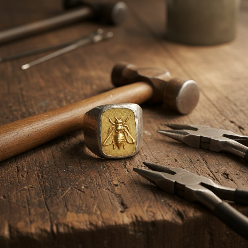Artisan gold bee signet ring detail showing hammered texture and 24K gold plating on sterling silver, handmade Turkish men's jewelry
