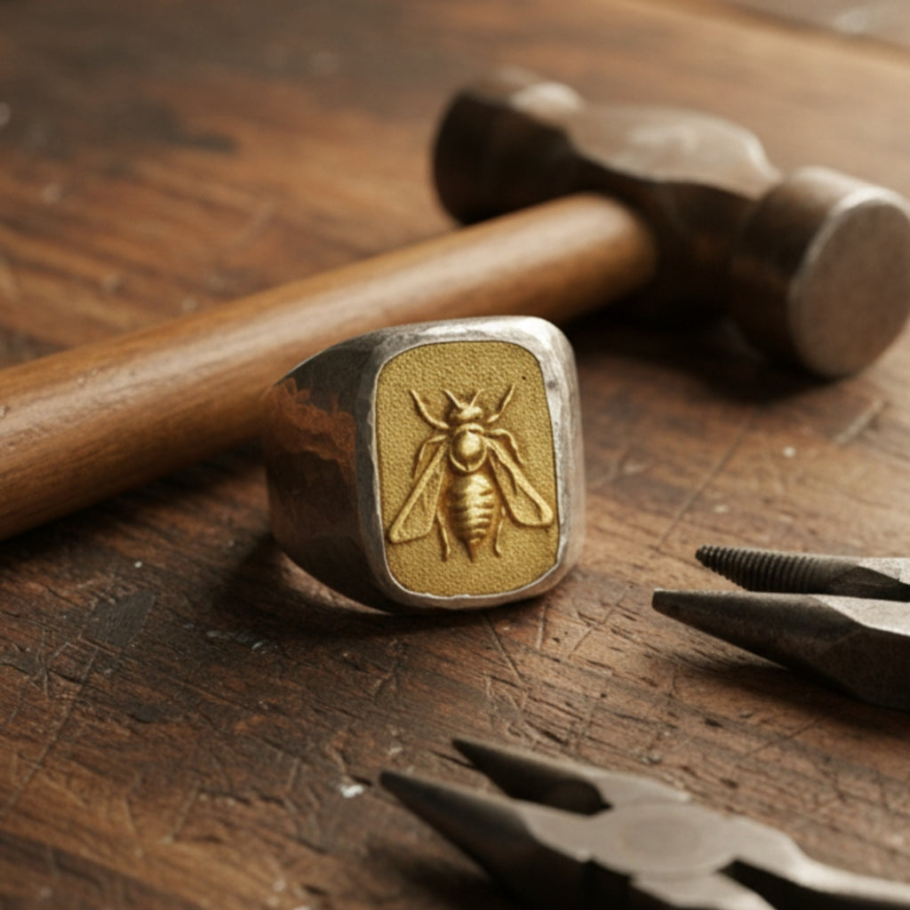 Designer gold bee coin ring inspired by ancient civilizations, handcrafted 925 silver jewelry from Bodrum workshop
