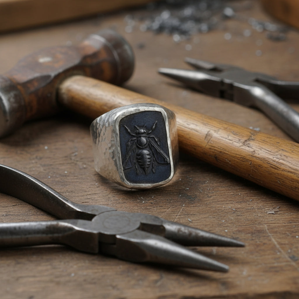 Artisan oxidized bee signet ring detail showing blackened sterling silver finish and hammered texture, handmade Turkish men's jewelry
