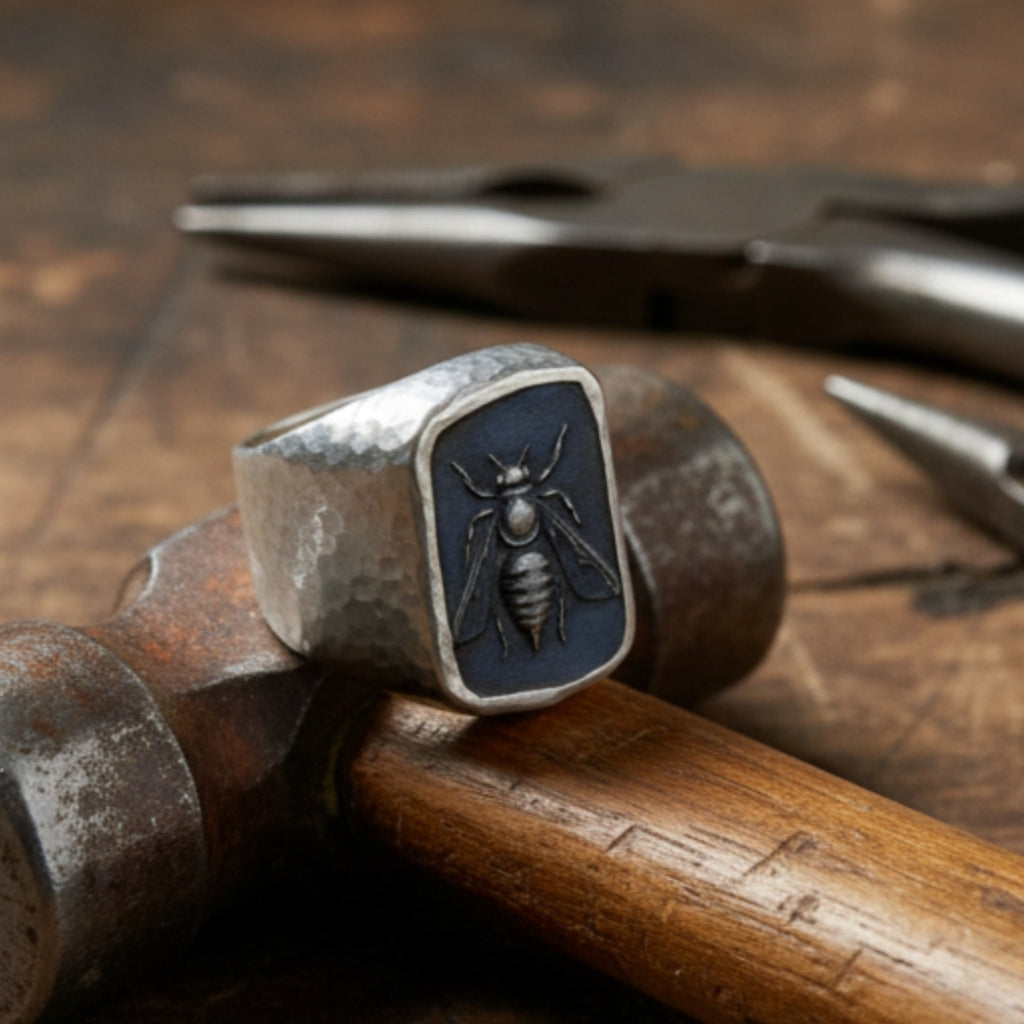 Designer oxidized bee coin ring inspired by ancient civilizations, handcrafted 925 silver jewelry from Bodrum workshop
