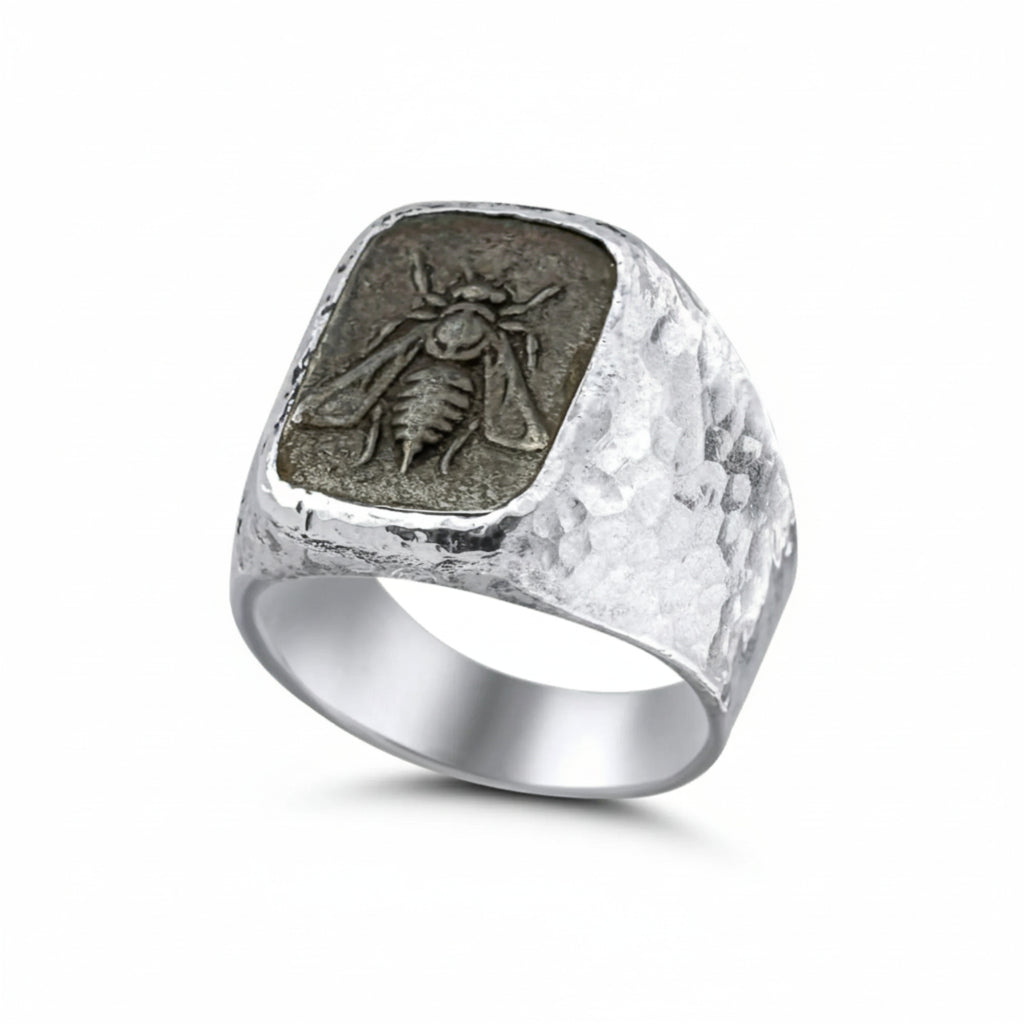 Handmade oxidized bee signet ring by Sultan, 925 sterling silver with ancient Roman inspired design, symbol of diligence and community
