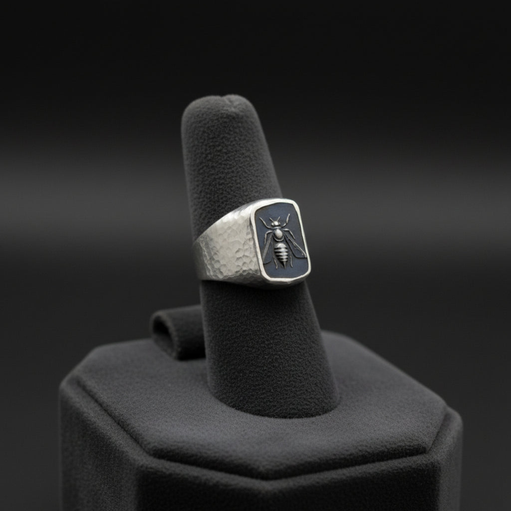 Turkish artisan bee signet ring with oxidized finish, 925 sterling silver men's jewelry handmade by Sultan in Bodrum atelier
