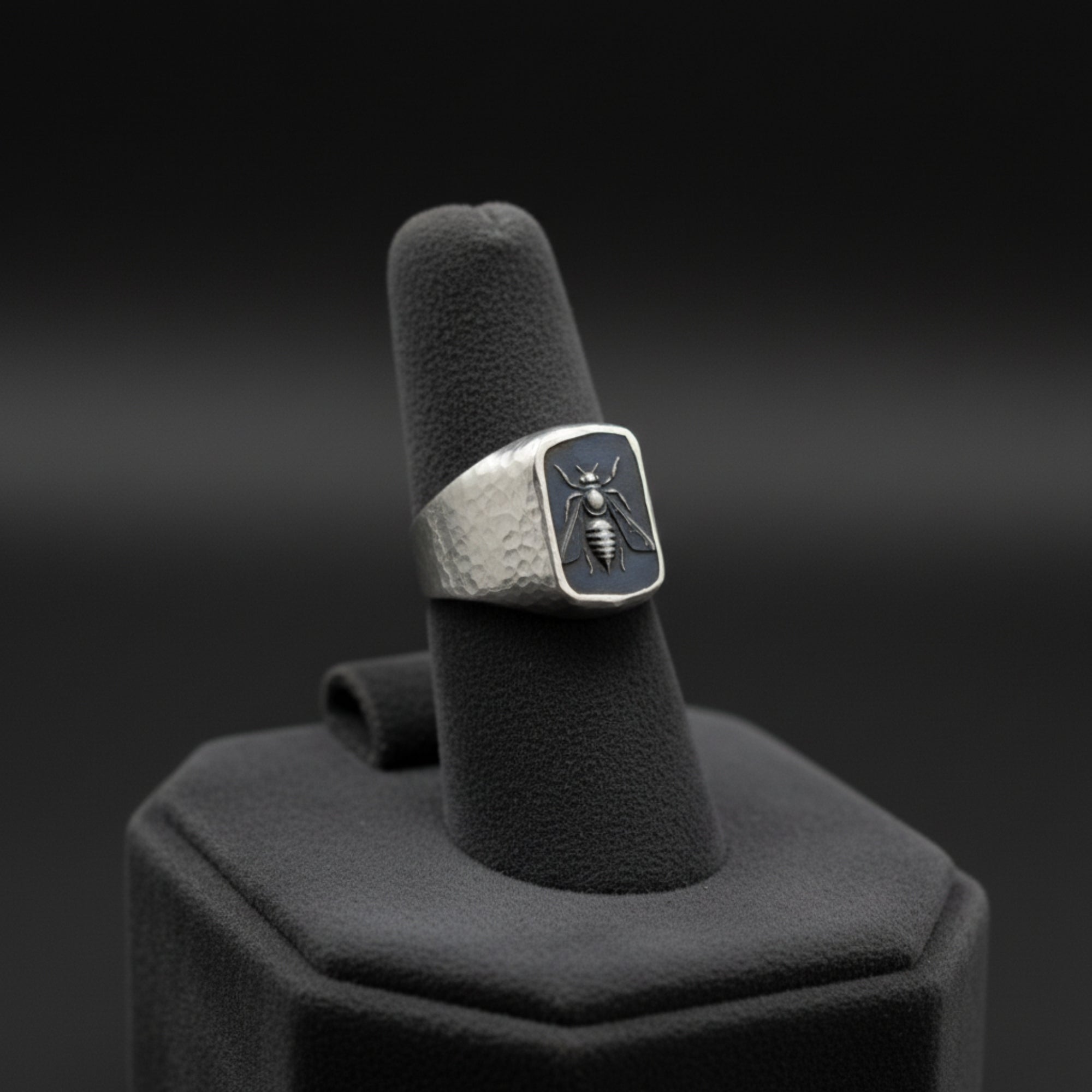 Turkish artisan bee signet ring with oxidized finish, 925 sterling silver men's jewelry handmade by Sultan in Bodrum atelier
