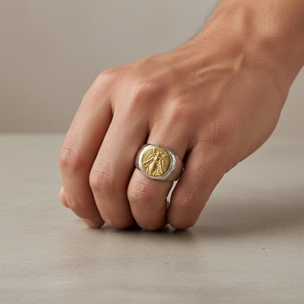 Gold bee signet ring on hand, 925 silver men's jewelry with ancient motif, perfect gift for men who love unique designer pieces
