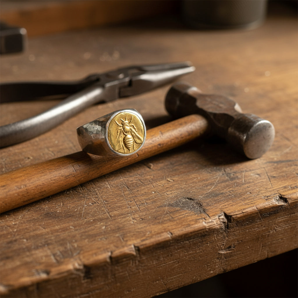 Artisan bee signet ring detail showing hammered texture and gold plating on sterling silver, handmade Turkish men's jewelry
