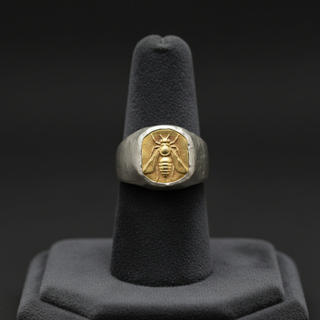 Gold bee signet ring on hand, 925 silver men's jewelry with ancient motif, perfect gift for men who love unique designer pieces
