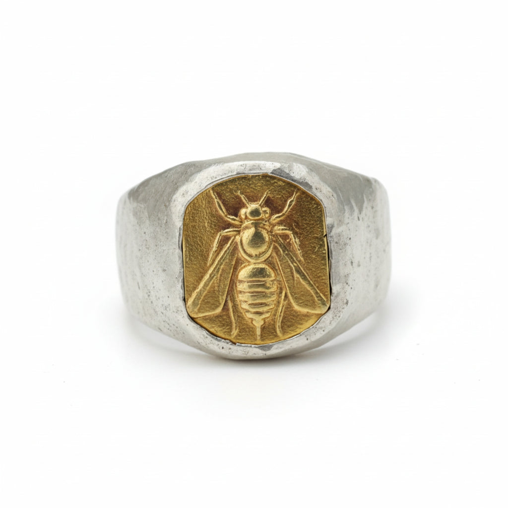 Handmade gold bee signet ring by Sultan, 925 sterling silver with 24K gold plating, ancient Roman inspired design, symbol of diligence
