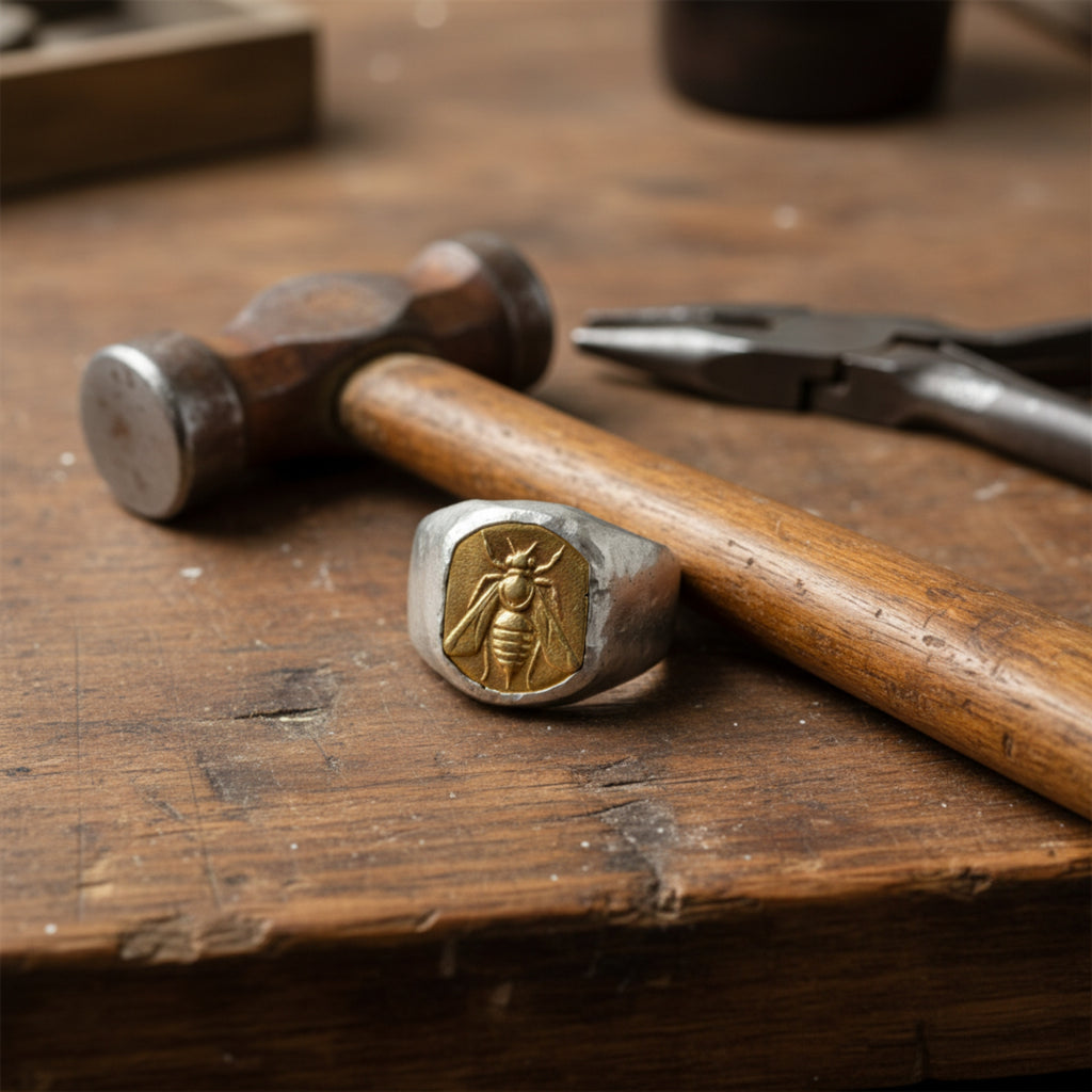 Artisan gold bee signet ring detail showing hammered texture and 24K gold plating on sterling silver, handmade Turkish men's jewelry

