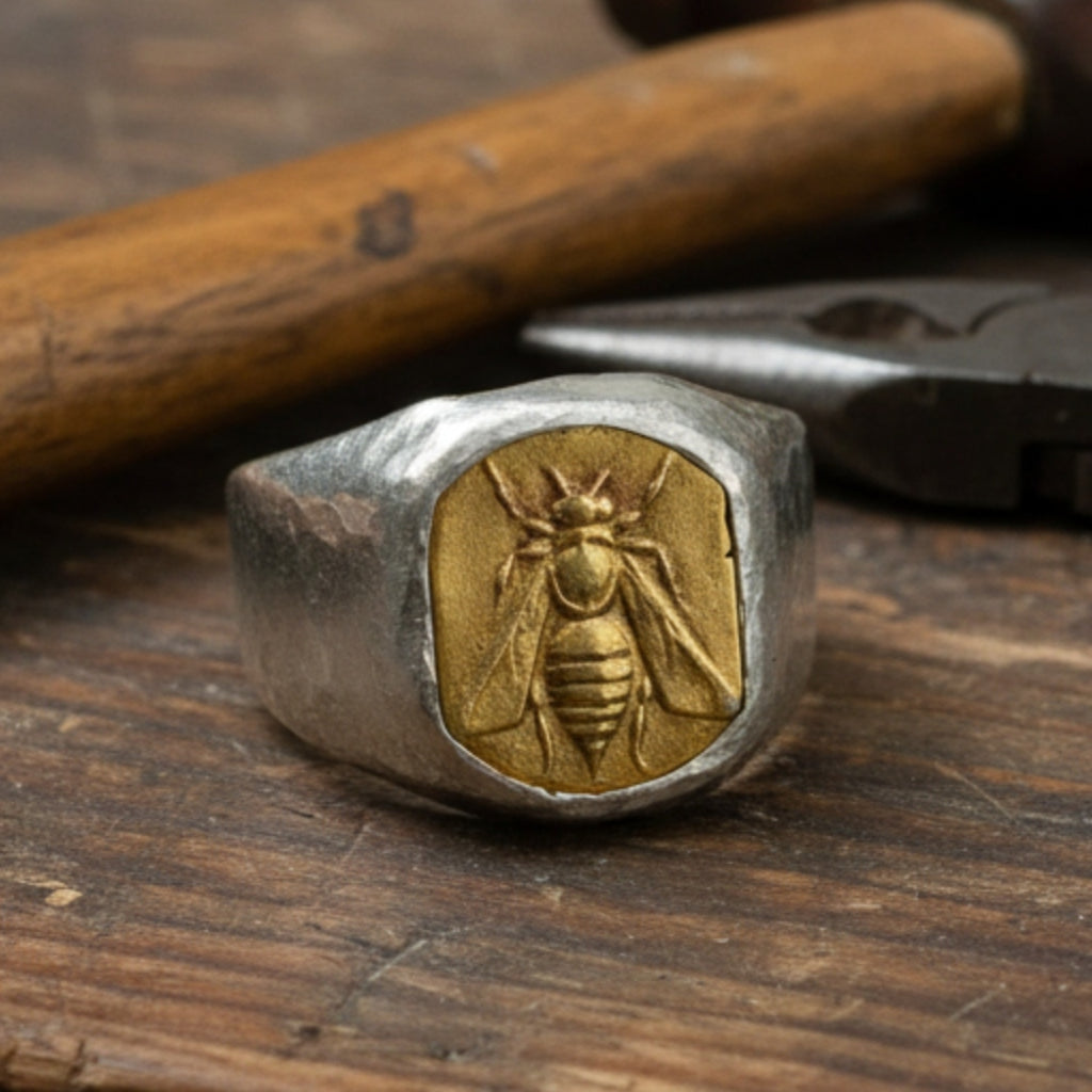 Designer gold bee coin ring inspired by ancient civilizations, handcrafted 925 silver jewelry from Bodrum workshop
